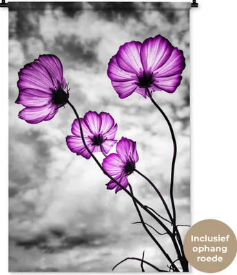 Produktbild von MuchoWow® Wandteppich Wandbehang Blumen - Schwarz - Weiß - Lila 90x135 cm Tapisserie Dekoration Wandtuch - Baumwolle - Wandskulptur
