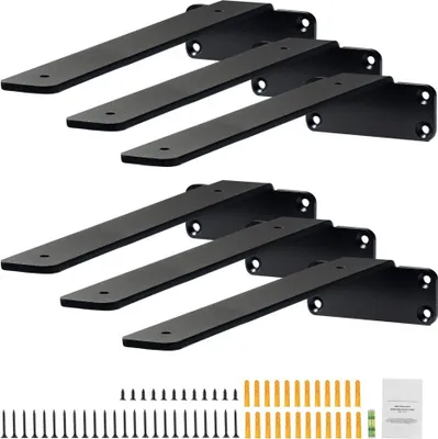 Obrázek produktu pro Držák police 310 x 100 x 45 mm - 6 kusů - Robustní plovoucí podpěry police - Matný černý L držák police o tloušťce 5 mm - Ocelová podpěra police s nosností 72,6 kg