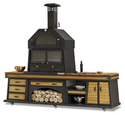 Produktbild von Elegante schwarze Außenküche aus Holz und Edelstahl für Garten