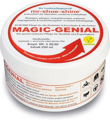 Produktbild von Lederpflege Magic-Genial mr-shoe-shine Universal-Pflege für Leder, Holz, Naturstein, Kunststoff & mehr, rückstandslose Anwendung, 100% vegan