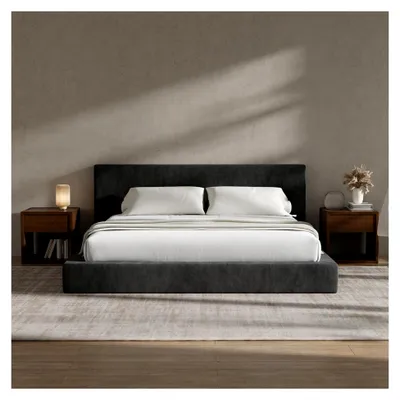 Produktbild von Polsterbett 160x200 cm mit gepolstertem Kopfteil, 5 cm weicher Schaumstoffpolsterung, Doppelbett ohne Boxspring, leises Bettgestell im Schlafzimmer, Familienbett (Schwarz) (160x200cm)