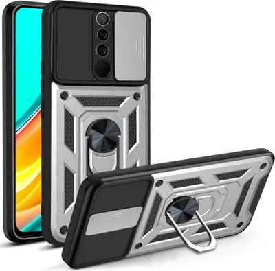 Produktbild von Redmi 9 Hülle mit 360° Drehbarer Magnetische Ring Ständer Halter Dia Kameraschutz TPU Bumper Silikon Schutzhülle für Xiaomi Redmi 9 Silber