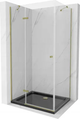 Produktbild von Mexen Roma kippbare Duschabtrennung 90 x 100 cm, Transparent, Gold + Duschwanne Flat, Schwarz - 854-090-100-50-00-4070G