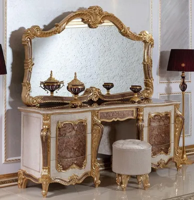 Produktbild von Casa Padrino Luxus Barock Schlafzimmer Set Weiß / Braun / Gold / Silber - 1 Barock Schminkkommode & 1 Barock Spiegel & 1 Barock Hocker - Barock Schlafzimmer Möbel - Edel & Prunkvoll