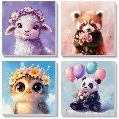 Immagine prodotto di Kit per dipingere per bambini, set da 4 soggetti animali con cornice, 20x20 cm. Include tela, pennelli e colori acrilici