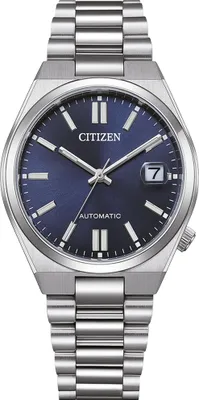 A close-up studio shot of a men's wristwatch with a blue dial and a silver metal band, presented against a white background.