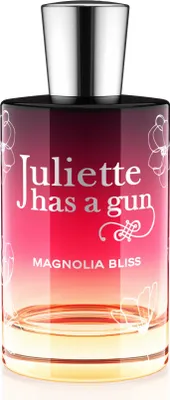 A perfume bottle with a gradient of pink to red to purple on the glass, silver cap, and white floral designs.