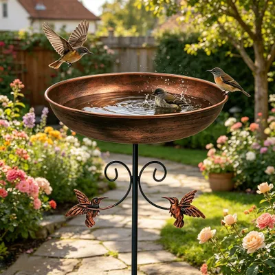 Image de Baignoire pour oiseaux, de style classique, en métal avec finition bronze vieilli, résistante aux intempéries, idéale pour le jardin et la terrasse
