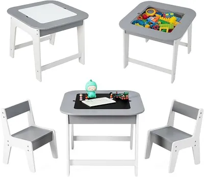 Produktbild von Kindertisch mit 2 Stühlen, Kindersitzgruppe mit Doppelseitiger Maltisch & Stauraum, Kinder Tisch Stuhl Set, Kindermöbel aus Holz für Kinderzimmer & Kindergärten (Grau)