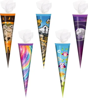 Produktbild von 5x Schultüte / Zuckertüte / 35cm / mit Tüllverschluß / 5 Motive sortiert