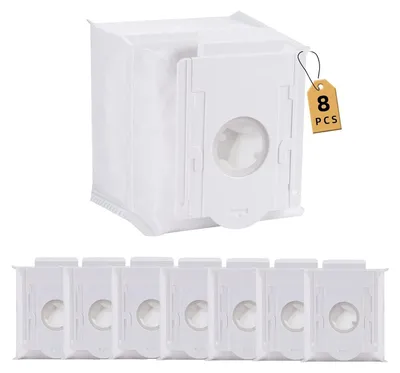A product shot of multiple vacuum cleaner dust bags, with a single bag prominently displayed at the top and a row of eight bags at the bottom.