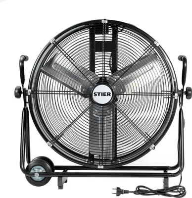 Produktbild von STIER Trommelventilator Bodenventilator, fahrbar, 330W, Ø600mm, Windmaschine, Industrieventilator, Hallenlüfter, Standventilator, Hallenkühlung, schwarz, Neigungswinkel einstellbar