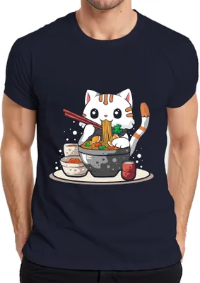 Produktbild von Kawaii Neko Katze Ramen Nudel Suppe Japan Anime Manga süß Cartoon Herren T-Shirt, Navy, S