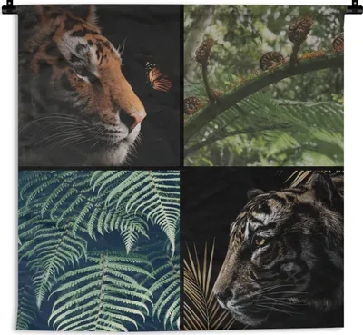 Produktbild von MuchoWow® Wandteppich Wandbehang Tiger - Pflanzen - Baum - Schmetterling 150x150 cm Tapisserie Dekoration Wandtuch - Wohnaccessoires - Modernes