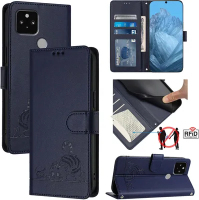 Produktbild von Leder Hülle für Google Pixel 5 Süße Katze Flip Case Brieftasche Schutzhülle mit Standfunktion Blau