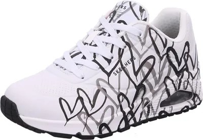 A white SKECHERS Uno Spreed the Love sneaker with a black and gray heart print.