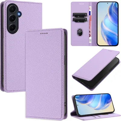 Produktbild von Litchi Leder Handyhülle für Samsung Galaxy A55 Wallet Kartenfächer Standfunktion Hülle Violett