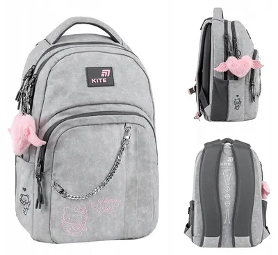 Zdjęcie produktu dla Plecak szkolny dla nastolatek 9-12 lat z łańcuszkiem szary Hello Kitty Kite