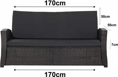 A black outdoor sofa cushion with dimensions indicated by text overlays.