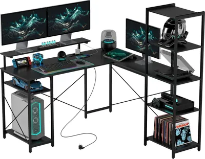 Image de Bureau, bureau informatique en L 137 x 140 x 139,5 cm Bureau d'angle avec 6 étagères, table de bureau avec support pour écran, USB, prise électrique, pour bureau à domicile, bureau, noir