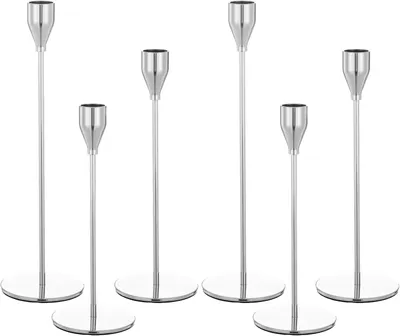 6er-Set silberne Kerzenhalter für konische Kerzen, Metall
