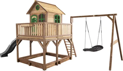 Produktbild von AXI Spielhaus Liam mit Sandkasten, Nestschaukel & grauer Rutsche | Stelzenhaus XXL in Braun & Grün aus Holz für Kinder | Spielturm mit Wellenrutsche für den Garten
