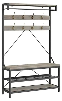 Obrázek produktu pro Průmyslový věšák s lavičkou na boty – volně stojící věšák – 8 háčků – odkládací police – 101 x 40 x 182 cm – šedý