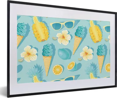 Produktbild von MuchoWow® Gerahmtes Poster Sommer - Obst - Blumen - Blau 60x40 cm - Poster mit Schwarzem Bilderrahmen Wandposter Rahmen Foto Bilder - Schlafzimmer - Plakat in Rahmen - Drucken