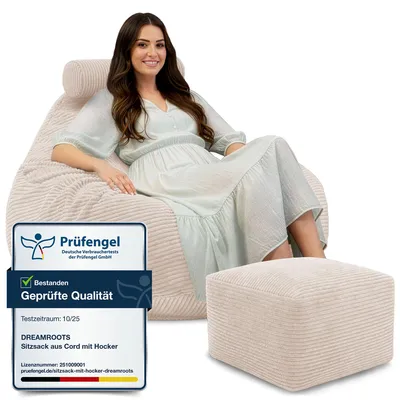 Immagine prodotto di Dreamroots Bean Bag 90x90x100 cm Beanbag con schienale e sgabello e copertura Cuscino per sedile Cuscino da pavimento Bubibag Beanbag con imbottitura, Vanilla Ice