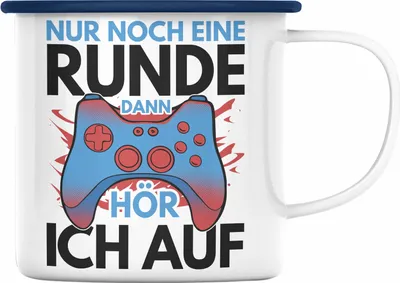 Produktbild von Trendation - Lustige Gamer Emaille Tasse Zocker Geschenk Gamer Gamergirl Geschenkidee Geburtstag Nur Noch Eine Runde (Blau)