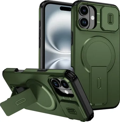Obrázek produktu pro Magnetické pouzdro pro iPhone 16 Plus, dvouvrstvé odolné pouzdro s posuvnou ochranou fotoaparátu a nastavitelným stojánkem Zelená