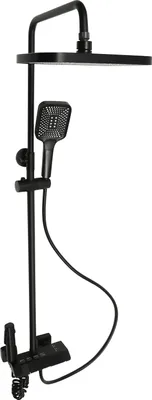 A black shower system with a rain shower head and a handheld shower head.