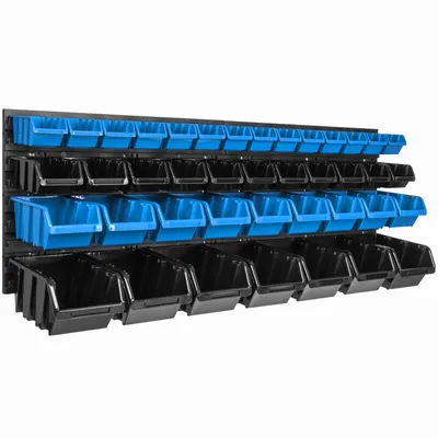 A wall-mounted storage system with multiple blue and black bins.