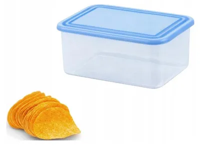 A clear plastic food storage container with a blue lid and a small pile of potato chips.