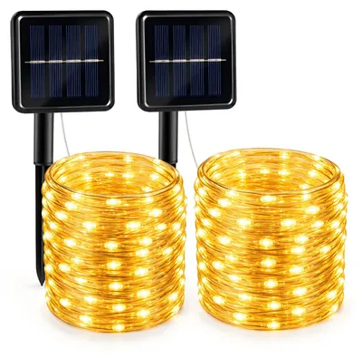 Productafbeelding van Vigevee Solar LED-lichtketting, geschikt voor buiten, tuin, balkon, terras, met zonnepaneel en grondpen, 10 meter, warm wit licht
