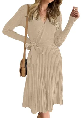 Produktbild von ZESICA Damen 2024 Herbst Langarm Wickelkleid V-Ausschnitt Rippstrick Plissee A-L