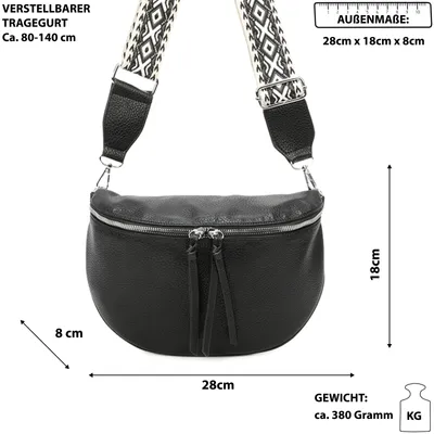 Produktbild von LIERKANG Bauchtasche, Umhängetasche, Crossbody Bag, Hüfttasche aus Kunstleder und Stoff, Schwarz, Italien-Design BBL-185, 28x18x8cm (BxHxT), verstellbarer, abnehmbarer Trageriemen (80-140cm), wasserabweisend, pflegeleicht, für Freizeit, Schule, Arbeit & Reisen, 1 Hauptfach, 2 Reißverschlussfächer, ca. 380g