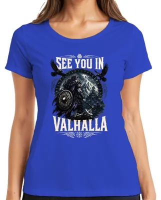 Productafbeelding van T-shirt voor dames, blauw, maat XL, met afbeelding van Vikingen, krijgers, Odin, het Valknut-symbool, runen en Thor. "Tot ziens in Valhalla."