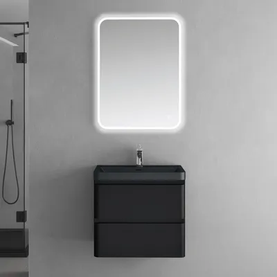 Image de doporro Meuble de Salle de Bain Suspendus Noir Mat 60x42x55 cm Ensemble de 3 Pièces Meuble avec Lavabo et Miroir Design Lucca