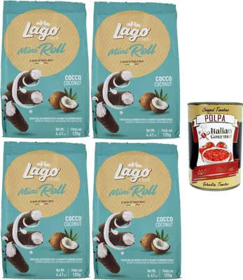 Produktbild von Gastone Lago Mini Roll Wafer Cannoli gefüllt mit Kokoscreme, 4 x 125g + Italian Gourmet polpa 400g