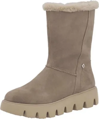 A single beige winter boot with a fluffy lining is shown against a white background.