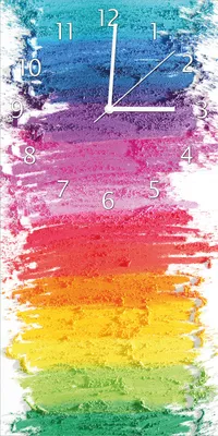 Produktbild von Wallario Design Wanduhr Regenbogenstreifen auf weißem Hintergrund - Bunter Anstrich aus Echtglas, Größe 30 x 60 cm