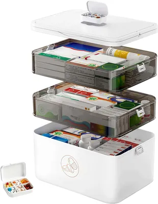 Produktbild von Medizinschränke Medizinbox mit Griff – 3 Etagen Großer Medikamenten Organizer – Multifunktions Medikamenten Aufbewahrung, tragbar für Reise & Zuhause