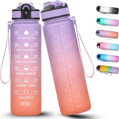Produktbild von Trinkflasche 1L, BPA-Frei Tritan Wasserflasche mit Strohhalm, Sport water bottle Zeitmarkierung für Fitness, Schule, Yoga, Outdoor (Lila-Rosa)