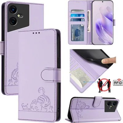 Produktbild von Leder Hülle für Tecno Pova Neo 3 Süße Katze Flip Case Brieftasche Schutzhülle mit Standfunktion Lila