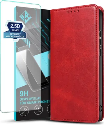 Produktbild von Handyhülle für Samsung Galaxy S26+ mit 9H Displayglas Kunstleder Flip Cover Hülle Handytasche Case Kartenfach Farbe: Rot