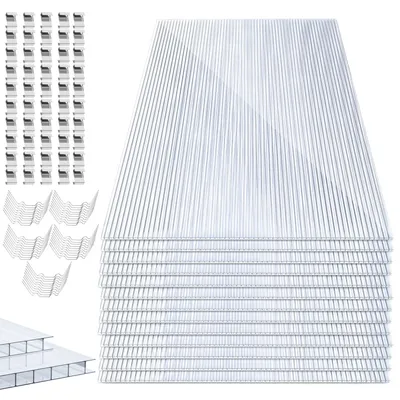 Produktbild von Vigevee Polycarbonat Stegplatten Set 42 Stück 4 mm klar, 0,6 kg/m², für Gewächshaus, Dach & Terrasse, inkl. 50 W-Clips & 50 Z-Clips aus 304 Edelstahl