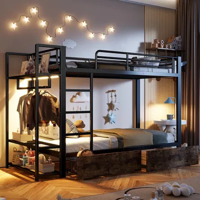 Image de Lit superposé 90 x 200 cm, lit pour enfant avec 2 tiroirs, plusieurs espaces de rangement, une barre de penderie et une barre de LED, sans matelas, de couleur noire, en fer et MDF
