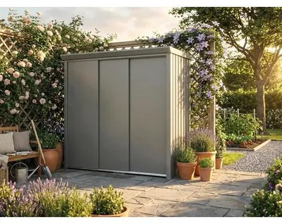 Produktbild von Terrassenschrank Konsta mit Schiebetüren abschließbar 194 x 94 x 181 cm grau-aluminium