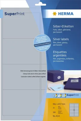 Productafbeelding van Etiketten, A4, zilverkleurig, 99,1 x 67,7 mm, glanzende folie, 200 stuks.